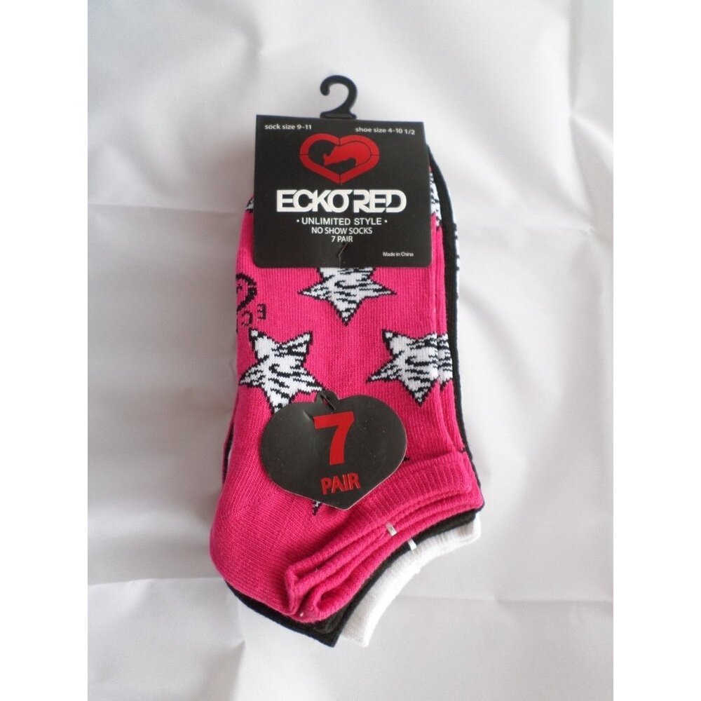 7 Pair Ecko Red No Show Socks Stars Black Red White Zebra Stripe 4-10 1/2